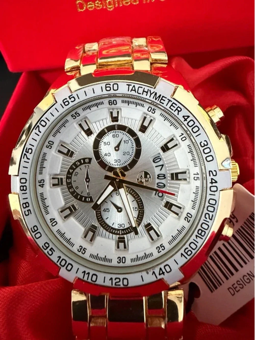 #655  AJ 48mm Gold-Tone Statement Watch – White Dial & Presentation Box